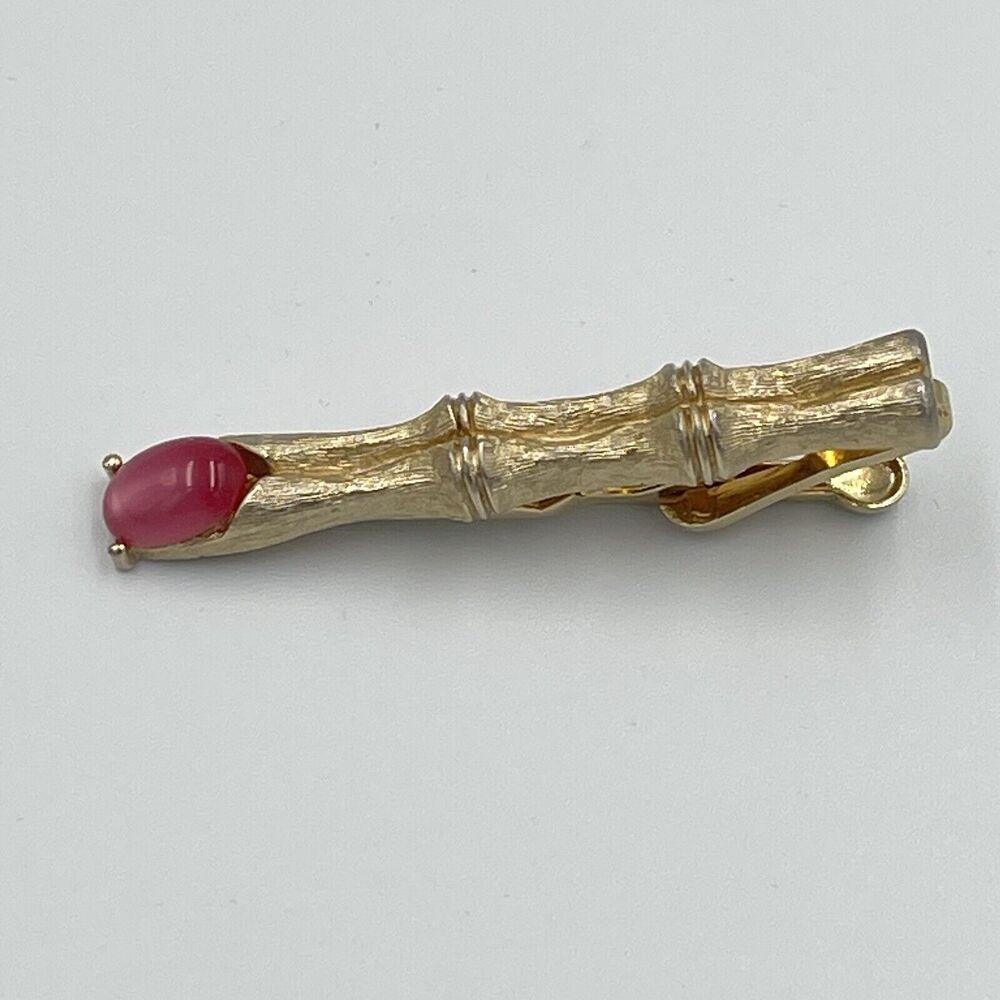 Swank Vintage Gold Tone Pink Stone Bamboo Tie Clip Bar Suit Office Mens Jewelry